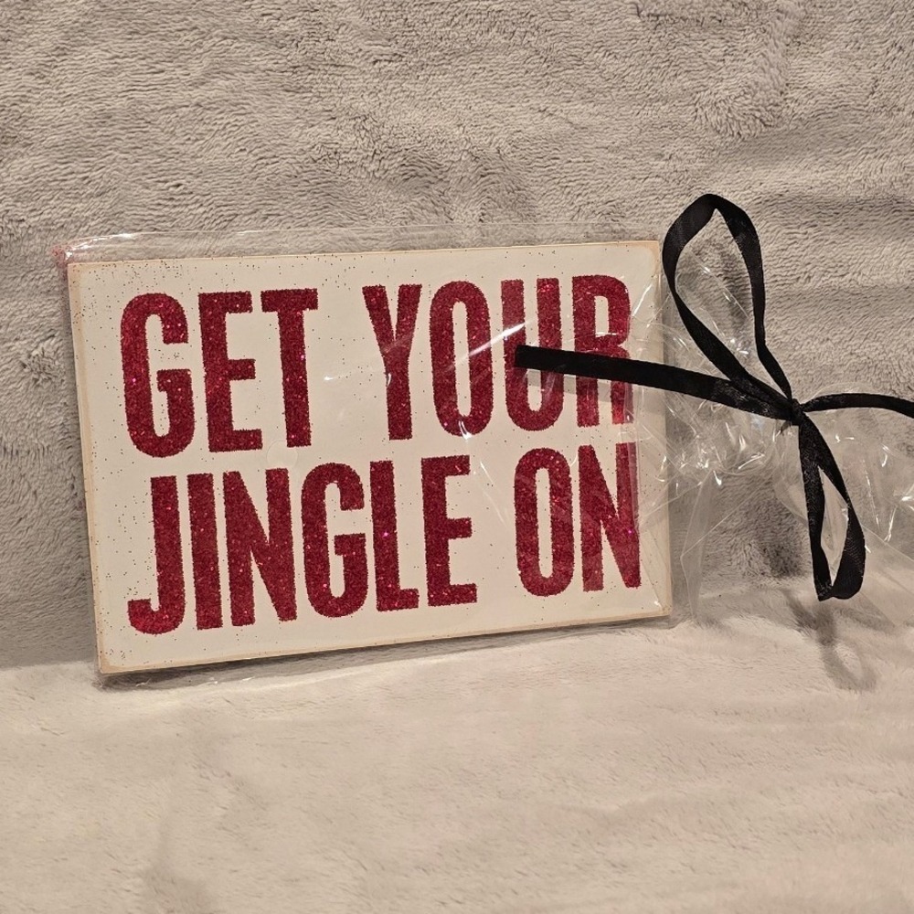 Primitives by Kathy Get Your Jingle On Red Glitter Wooden Postcard Xmas Sign